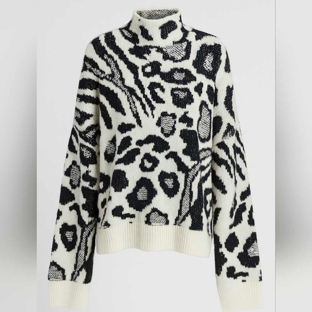 Forever 21 Black and White Animal Print Sweater Oversized Mock Neck Medi… - Picture 1 of 9